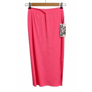 Women's Hot Pink Ribbed Midi Stretch Fit, Side Slit, High Waist Skirt